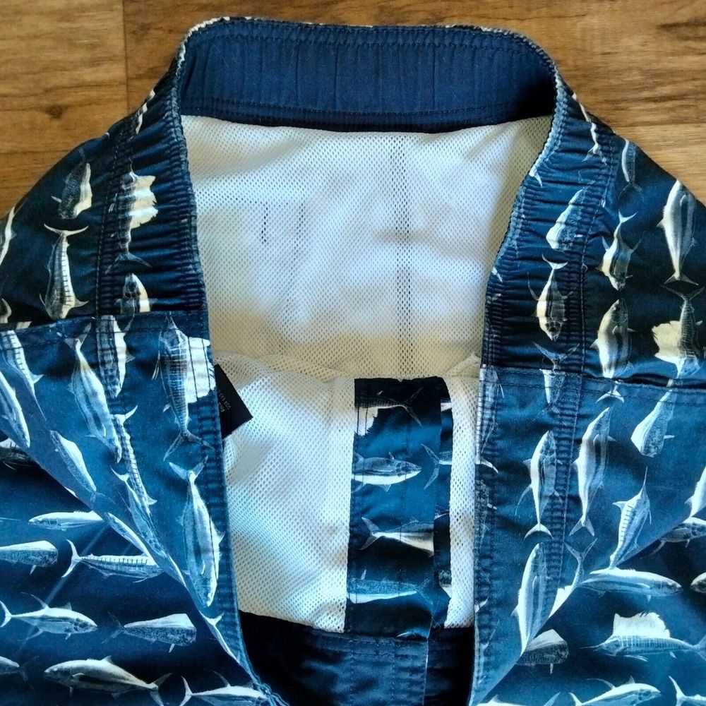 Nautica Swim Trunks Mens L Navy Blue Board Shorts Logo Swordfish All Over Print - Picture 4 of 9